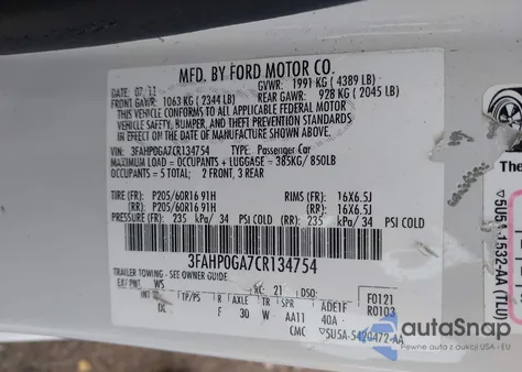 2012 Ford Fusion S from USA, damaged, VIN 3FAHP0GA7CR134754